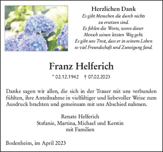 Traueranzeige von Franz Helferich von Allgemeine Zeitung Mainz