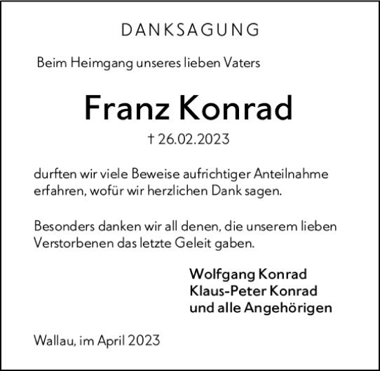 Traueranzeige von Franz Konrad von Hinterländer Anzeiger