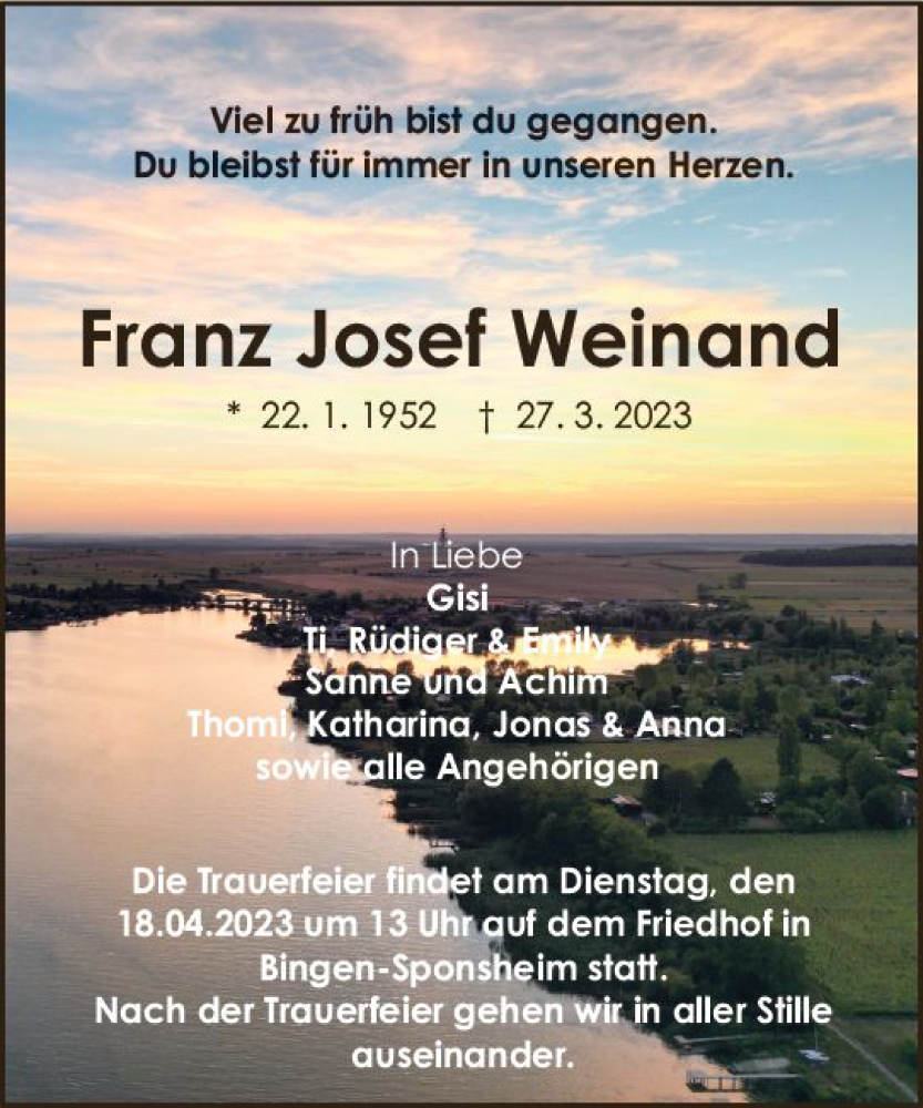  Traueranzeige für Franz Josef Weinand vom 08.04.2023 aus Allgemeine Zeitung Bad Kreuznach