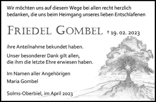 Traueranzeige von Friedel Gombel von Wetzlarer Neue Zeitung