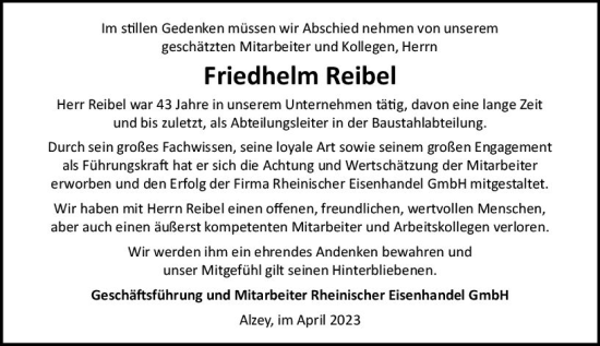 Traueranzeige von Friedhelm Reibel von Allgemeine Zeitung Alzey