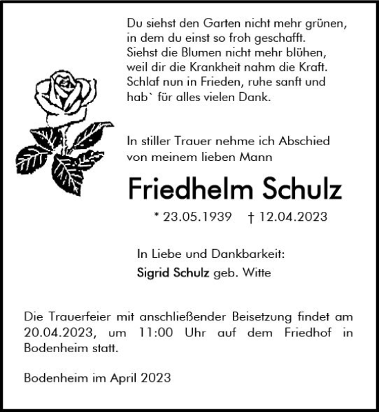 Traueranzeige von Friedhelm Schulz von Allgemeine Zeitung Mainz