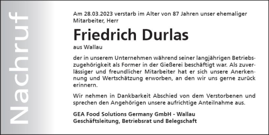 Traueranzeige von Friedrich Durlas von Hinterländer Anzeiger