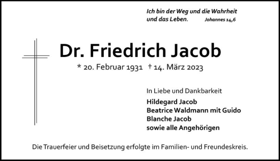 Traueranzeige von Friedrich Jacob von Allgemeine Zeitung Mainz