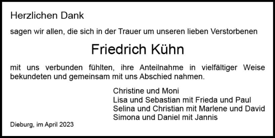 Traueranzeige von Friedrich Kühn von Dieburger Anzeiger/Groß-Zimmerner Lokal-Anzeiger