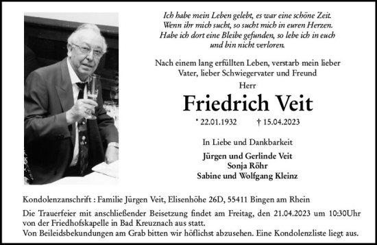 Traueranzeige von Friedrich Veit von Allgemeine Zeitung Bingen/Ingelheim
