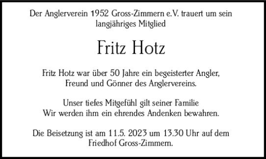 Traueranzeige von Fritz Hotz von Dieburger Anzeiger/Groß-Zimmerner Lokal-Anzeiger