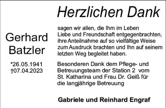 Traueranzeige von Gerhard Batzler von Starkenburger Echo