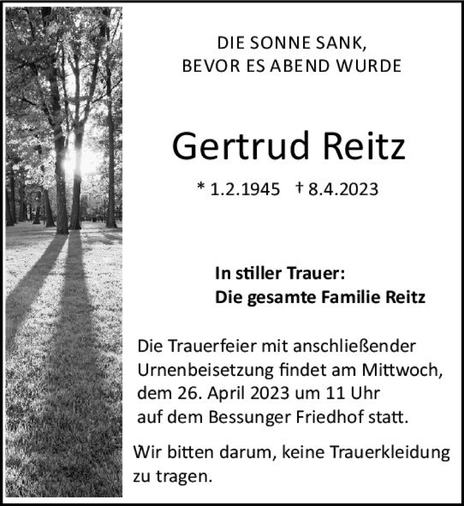  Traueranzeige für Gertrud Reitz vom 22.04.2023 aus Darmstädter Echo