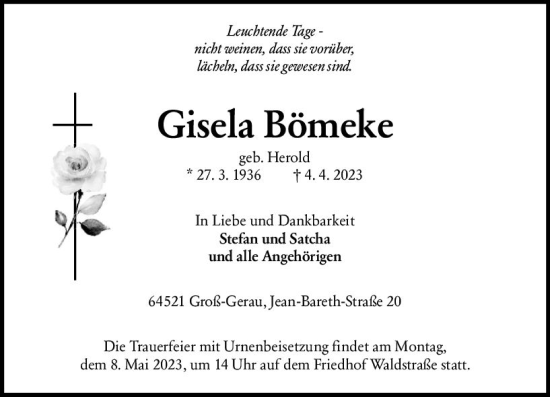 Traueranzeige von Gisela Bömeke von Groß-Gerauer Echo