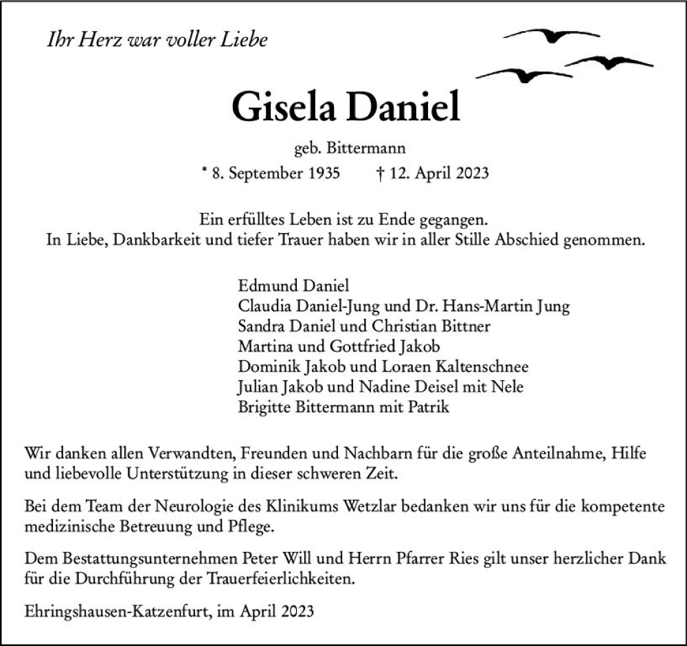  Traueranzeige für Gisela Daniel vom 22.04.2023 aus Wetzlarer Neue Zeitung