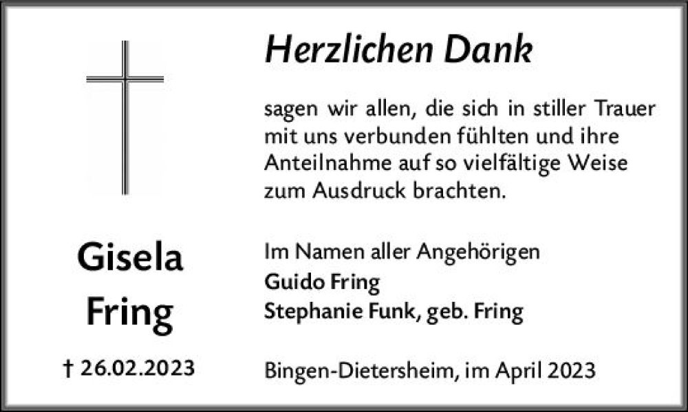  Traueranzeige für Gisela Fring vom 22.04.2023 aus Bingen/Ingelheim WOBL inkl. Neue Binger Ztg.