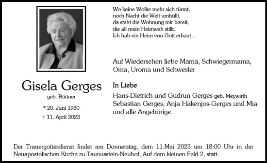 Traueranzeige von Gisela Gerges von Wiesbadener Kurier