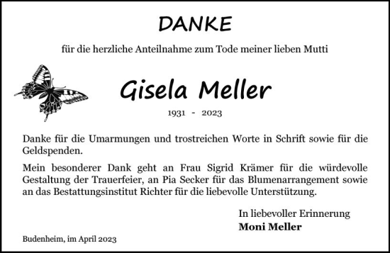 Traueranzeige von Gisela Meller von Allgemeine Zeitung Mainz
