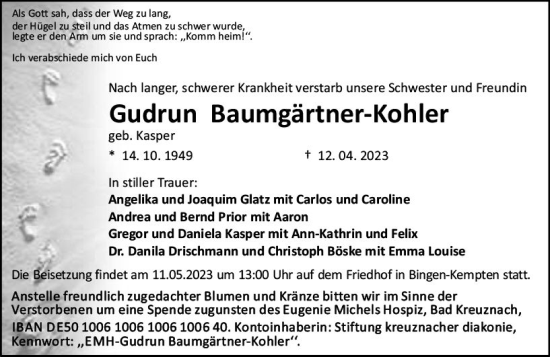 Traueranzeige von Gudrun Baumgärtner-Kohler von Allgemeine Zeitung Bad Kreuznach