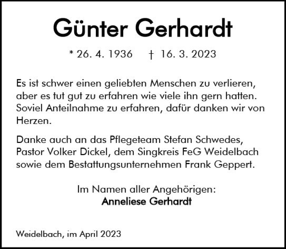  Traueranzeige für Günter Gerhardt vom 15.04.2023 aus Dill Block
