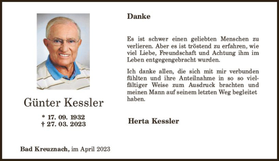Traueranzeige von Günter Kessler von Allgemeine Zeitung Bad Kreuznach