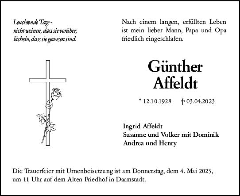  Traueranzeige für Günther Affeldt vom 15.04.2023 aus Darmstädter Echo