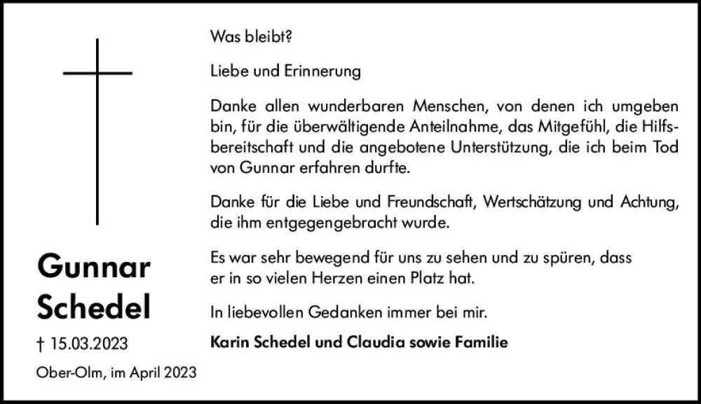 Traueranzeige für Gunnar Schedel vom 15.04.2023 aus Allgemeine Zeitung Mainz