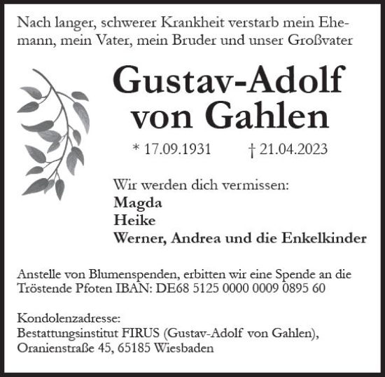 Traueranzeige von Gustav-Adolf von Gahlen von Wiesbadener Kurier