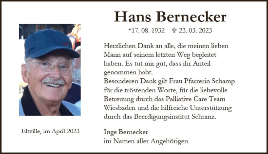 Traueranzeige von Hans Bernecker von Wiesbadener Kurier