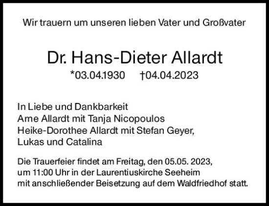 Traueranzeige von Hans-Dieter Allardt von Darmstädter Echo