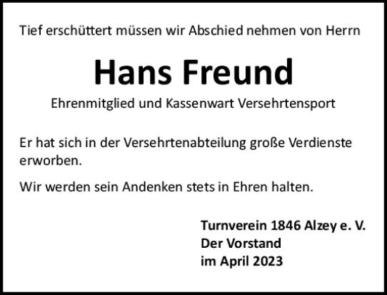 Traueranzeige von Hans Freund von Allgemeine Zeitung Alzey