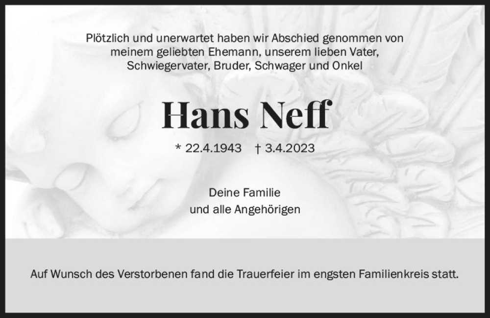  Traueranzeige für Hans Neff vom 29.04.2023 aus Darmstädter Echo
