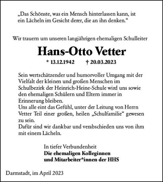 Traueranzeige von Hans-Otto Vetter von Darmstädter Echo