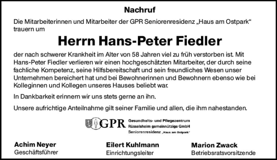 Traueranzeige von Hans-Peter Fiedler von Rüsselsheimer Echo