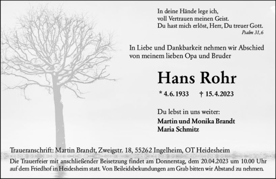 Traueranzeige von Hans Rohr von Allgemeine Zeitung Bingen/Ingelheim