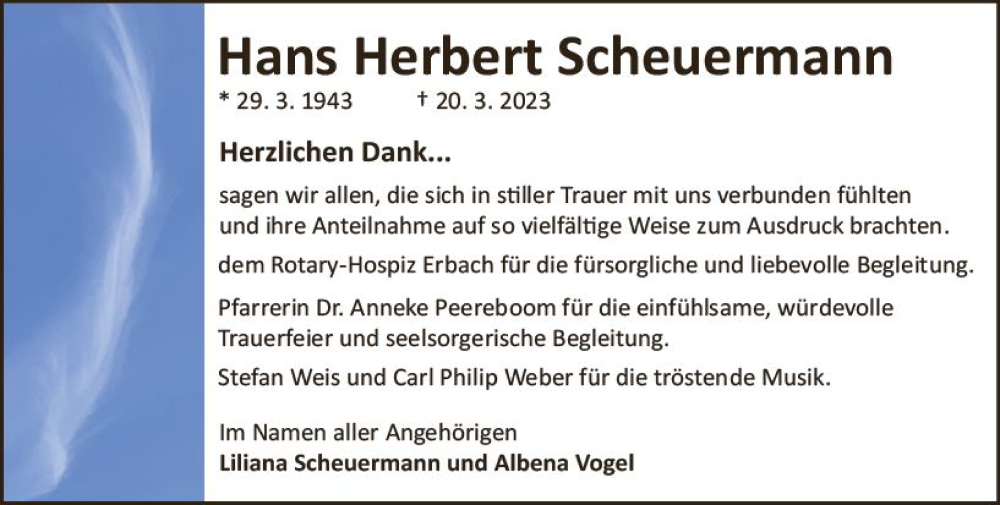  Traueranzeige für Hans Herbert Scheuermann vom 29.04.2023 aus Odenwälder Echo