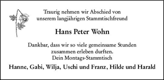 Traueranzeige von Hans Peter Wohn von Wiesbadener Kurier