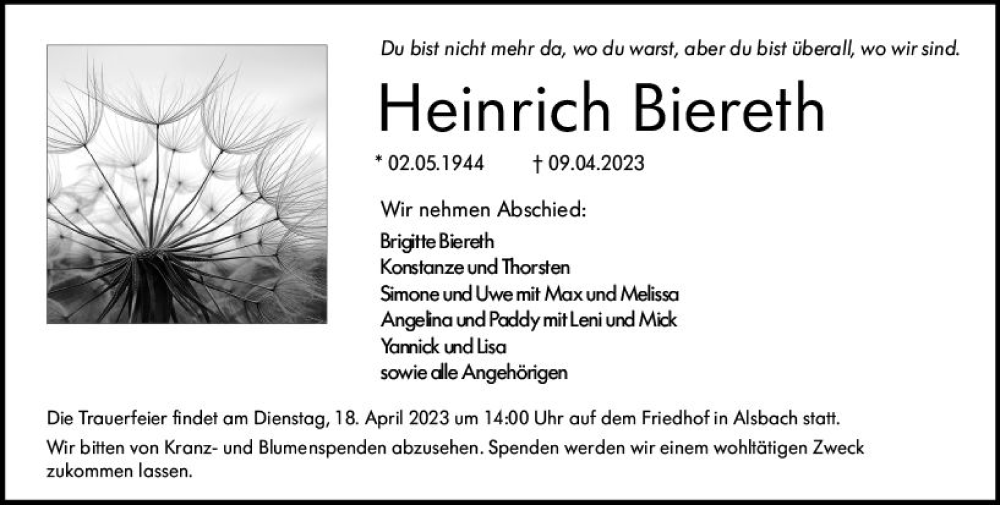  Traueranzeige für Heinrich Biereth vom 15.04.2023 aus Darmstädter Echo