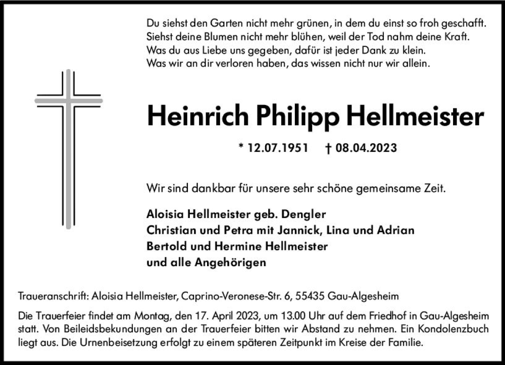  Traueranzeige für Heinrich Philipp Hellmeister vom 15.04.2023 aus Allgemeine Zeitung Bingen/Ingelheim