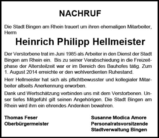Traueranzeige von Heinrich Philipp Hellmeister von Allgemeine Zeitung Bingen/Ingelheim