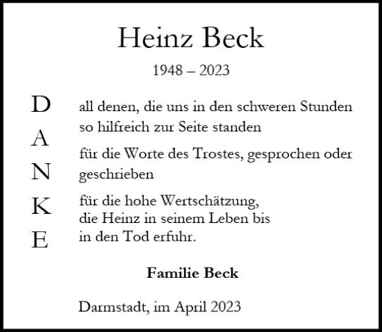 Traueranzeige von Heinz Beck von Odenwälder Echo