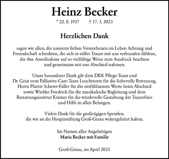 Traueranzeige von Heinz Becker von Groß-Gerauer Echo