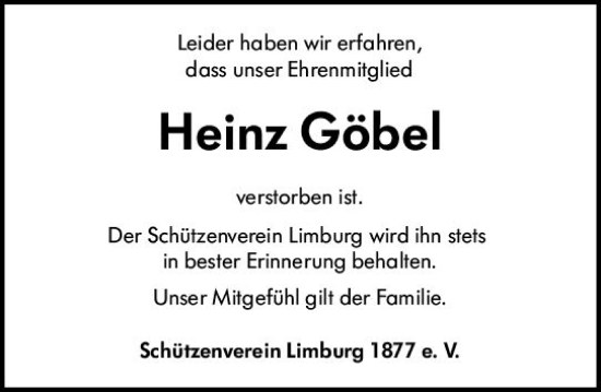 Traueranzeige von Heinz Göbel von Nassauische Neue Presse