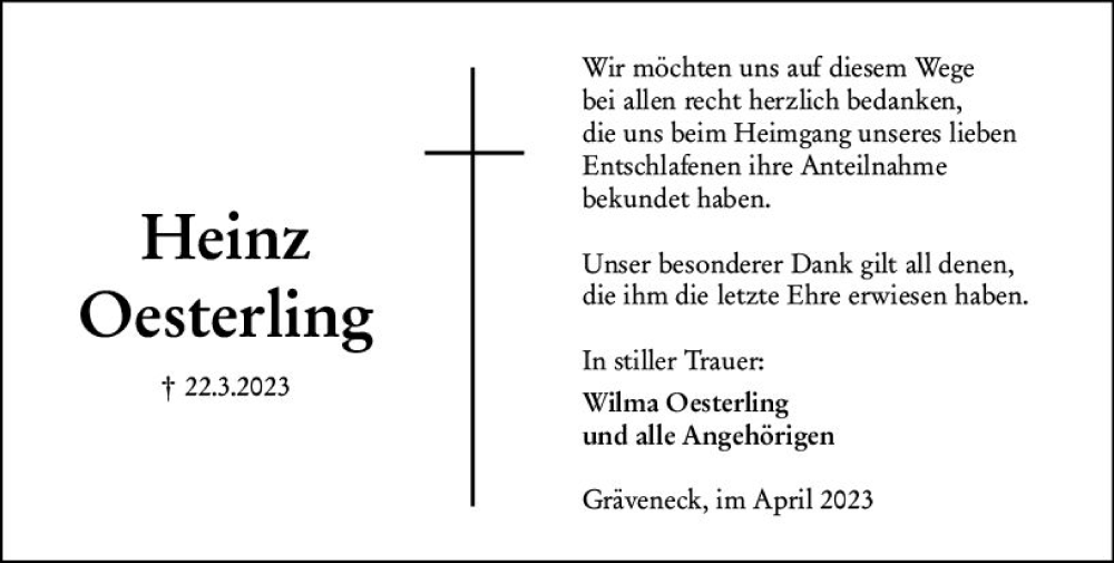  Traueranzeige für Heinz Oesterling vom 29.04.2023 aus Weilburger Tageblatt
