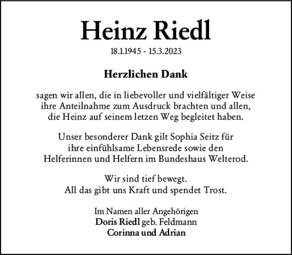  Traueranzeige für Heinz Riedl vom 29.04.2023 aus Wiesbadener Kurier