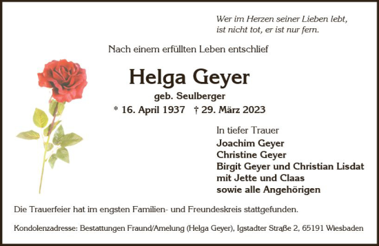 Traueranzeige von Helga Geyer von Wiesbadener Kurier