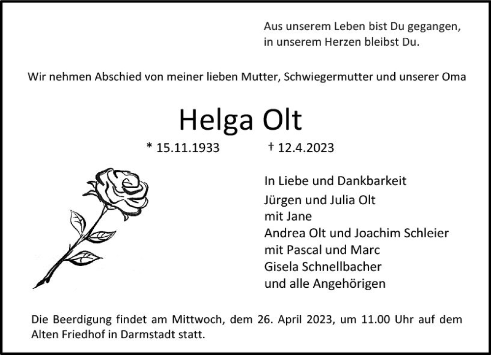  Traueranzeige für Helga Olt vom 22.04.2023 aus Darmstädter Echo