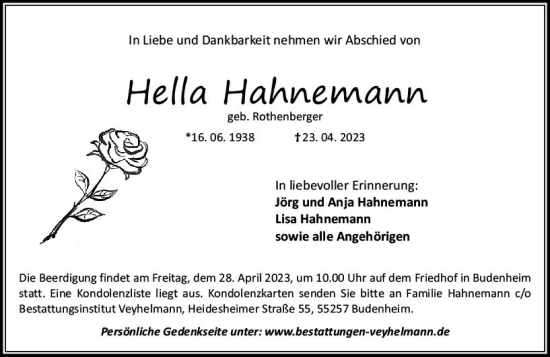 Traueranzeige von Hella Hahnemann von Allgemeine Zeitung Bingen/Ingelheim