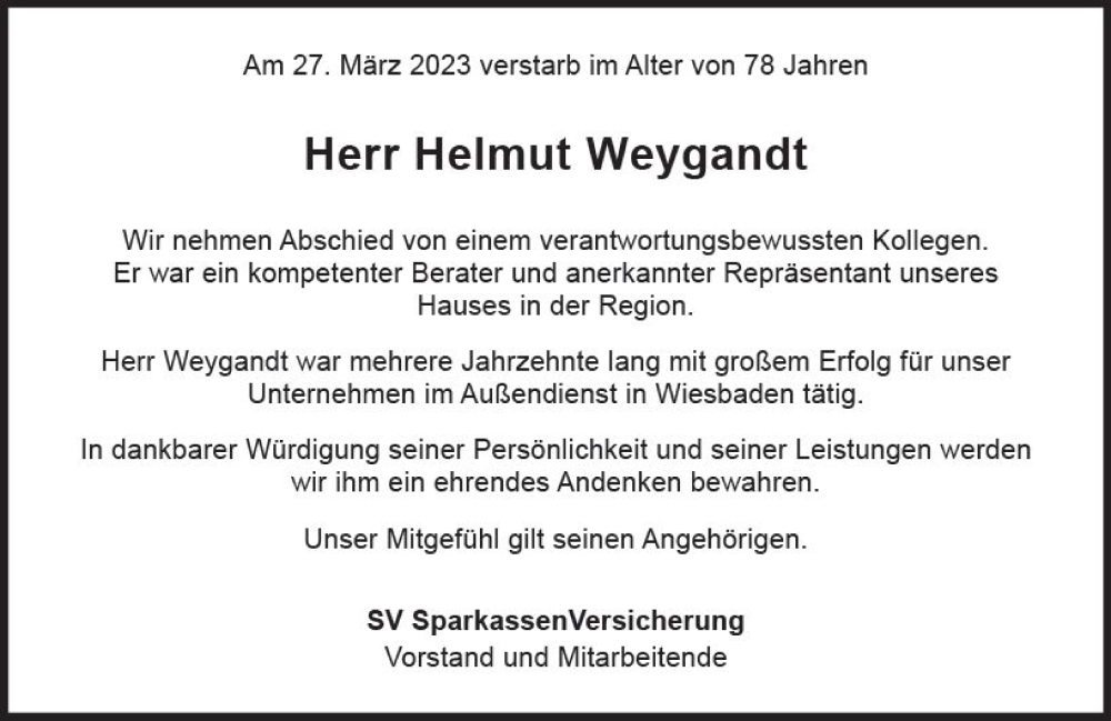  Traueranzeige für Helmut Weygandt vom 22.04.2023 aus Wiesbadener Kurier
