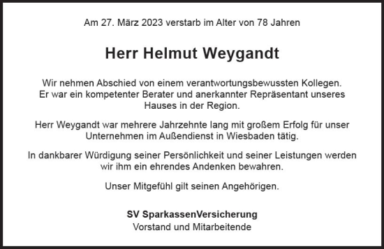 Traueranzeige von Helmut Weygandt von Wiesbadener Kurier