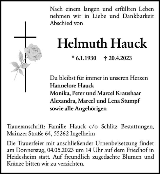 Traueranzeige von Helmuth Hauck von Allgemeine Zeitung Mainz