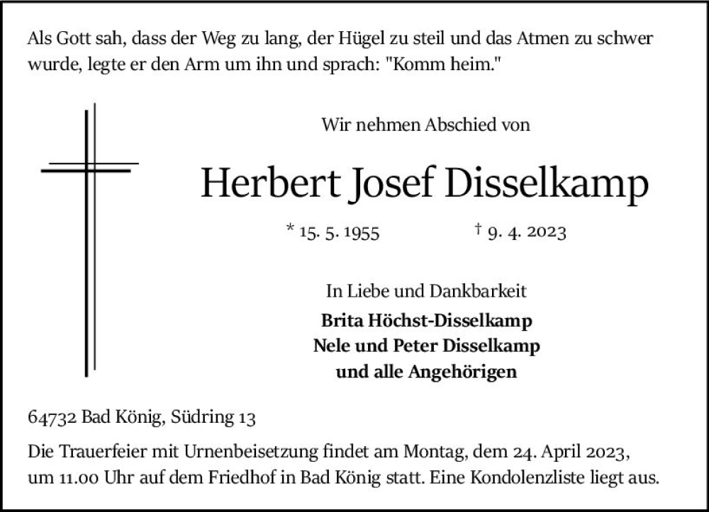  Traueranzeige für Herbert Josef Disselkamp vom 15.04.2023 aus Odenwälder Echo