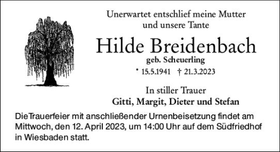 Traueranzeige von Hilde Breidenbach von Wiesbadener Kurier