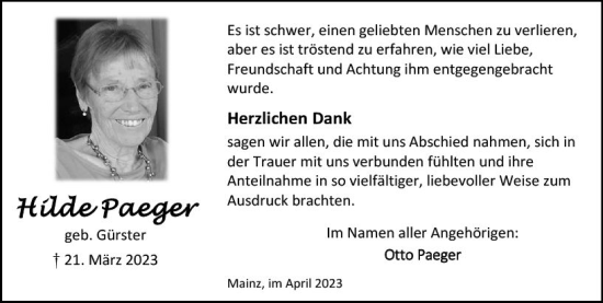 Traueranzeige von Hilde Paeger von Allgemeine Zeitung Mainz